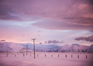Pink sky over a field of snow and some power lines