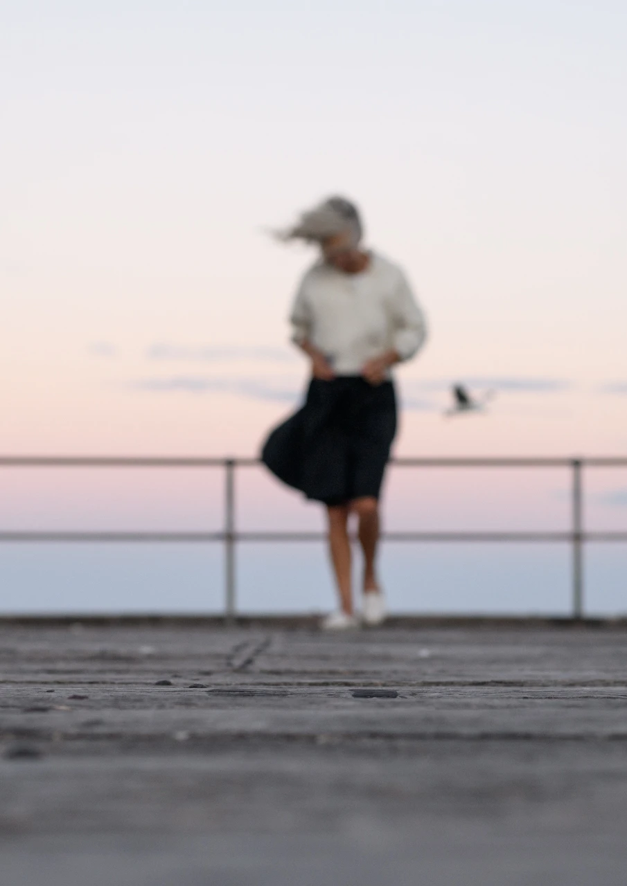Wendy Philip blurred on Stenhouse jetty-2 Standing on Stenhouse jetty