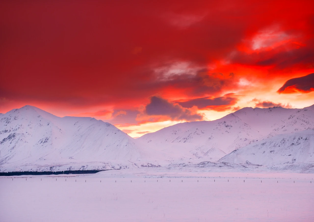 Snow and a red sunset New Zealand Southern Alps