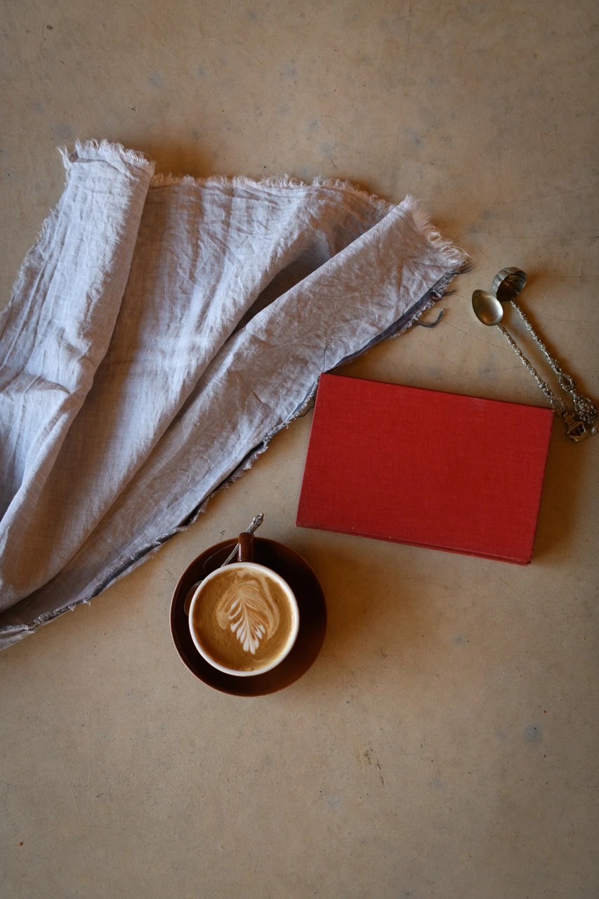 Red book and coffee with some grey material
