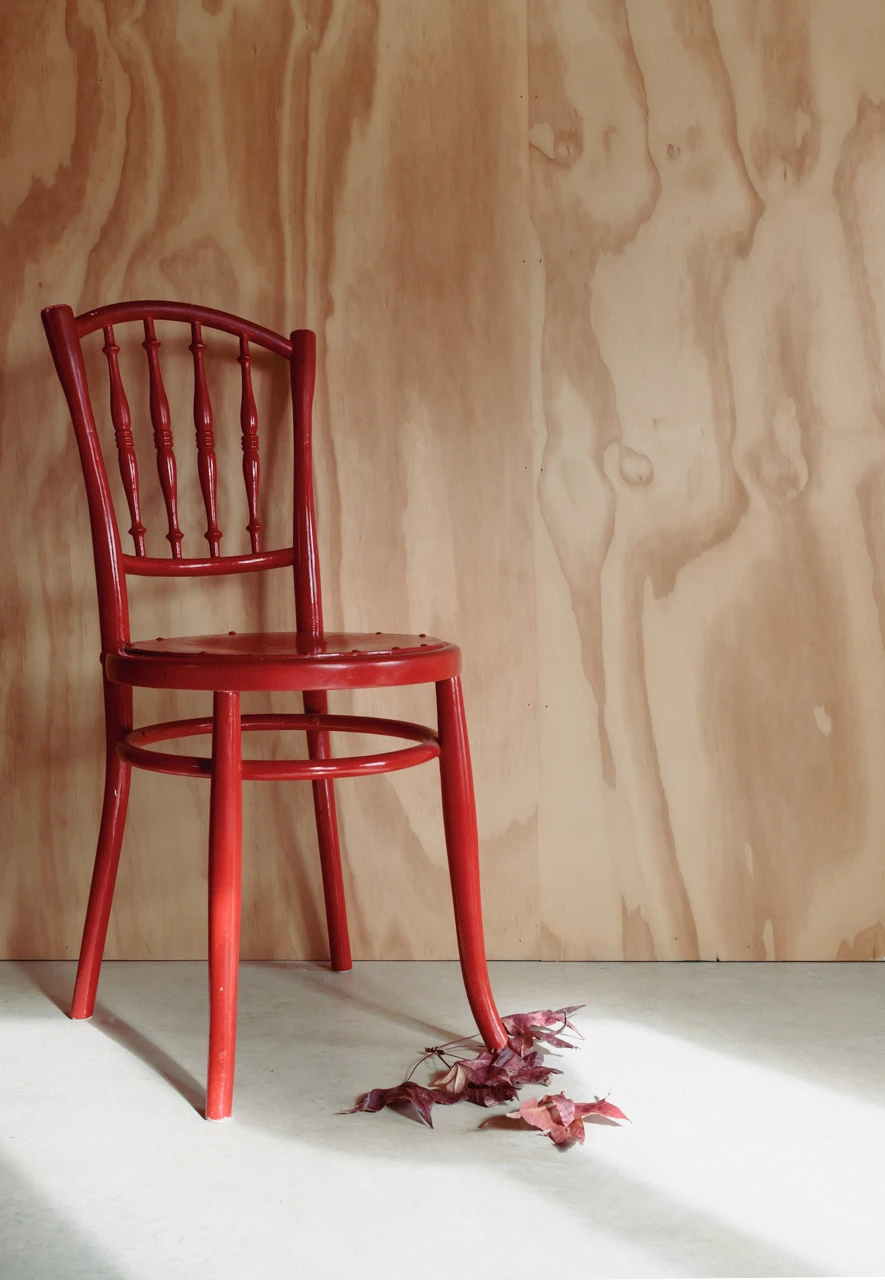Red vintage kitchen chair with some autumn leaves