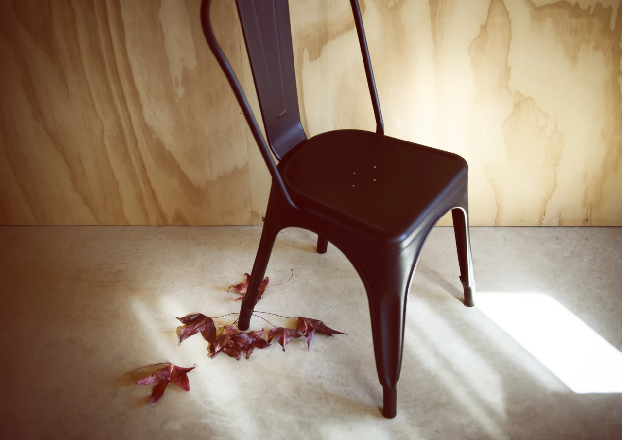 Black chair with autumn leaves vintage effect Black chair at the beach house