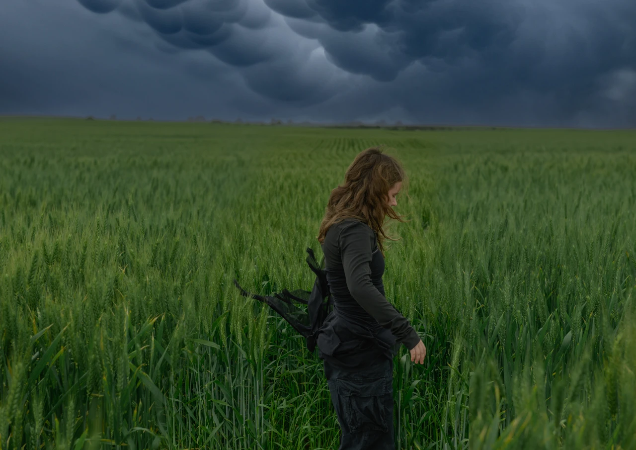 Girl in green wheat field and dark skies