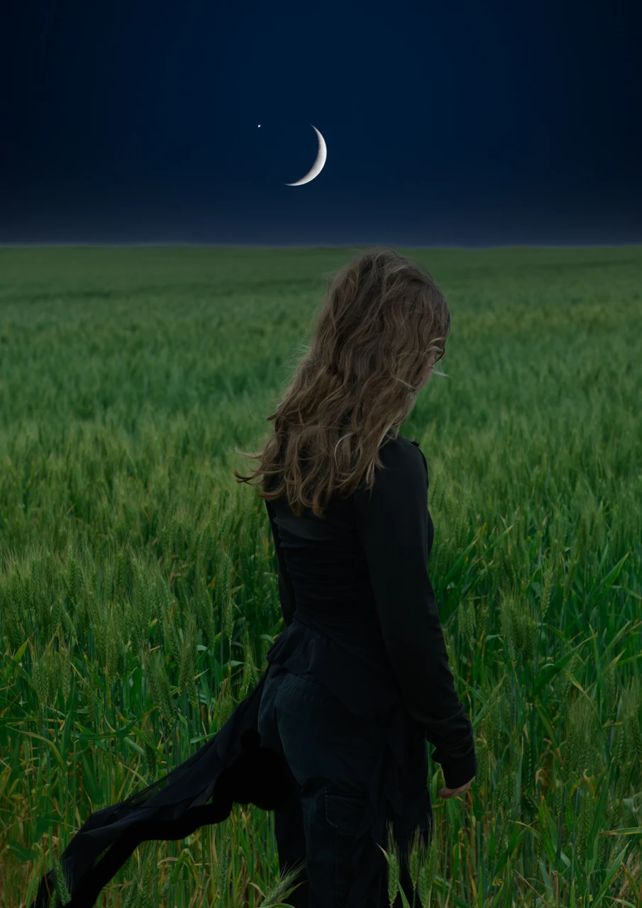 Girl in black in green wheat field