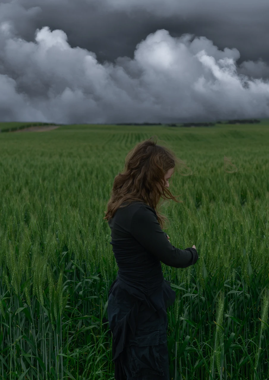 Girl in black clothes in green wheat field