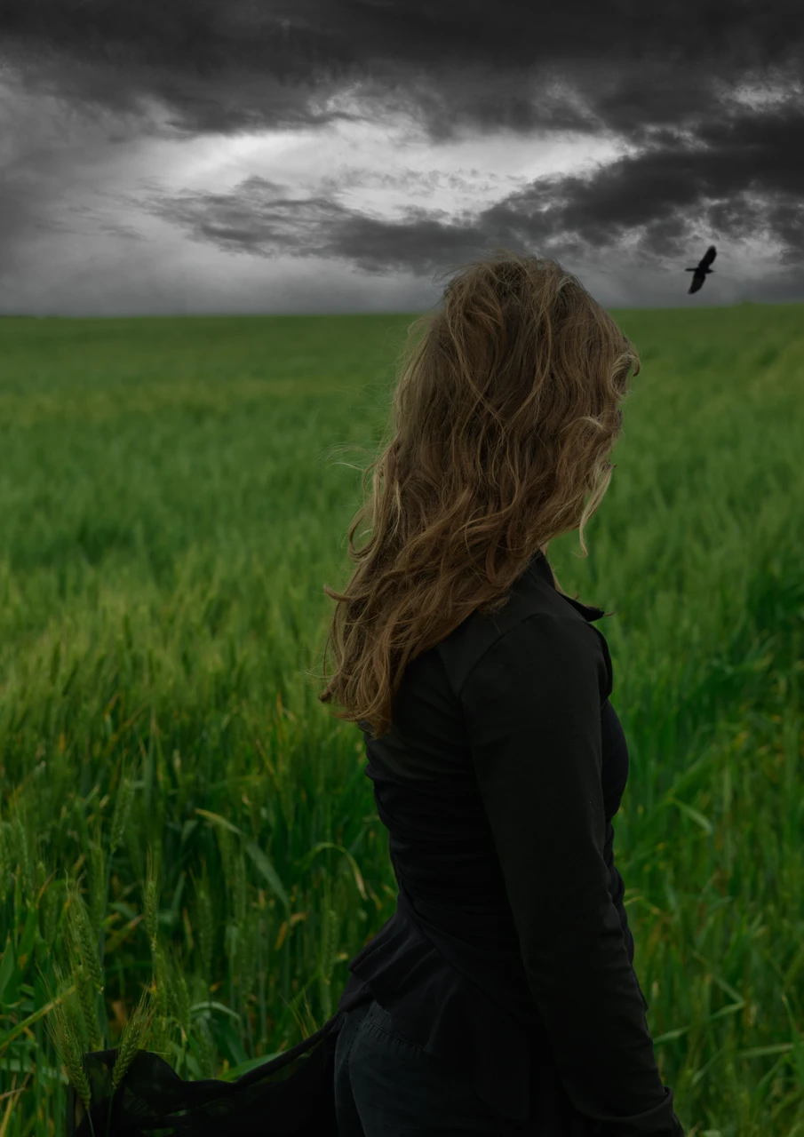 Girl in a green wheat field and bird flying