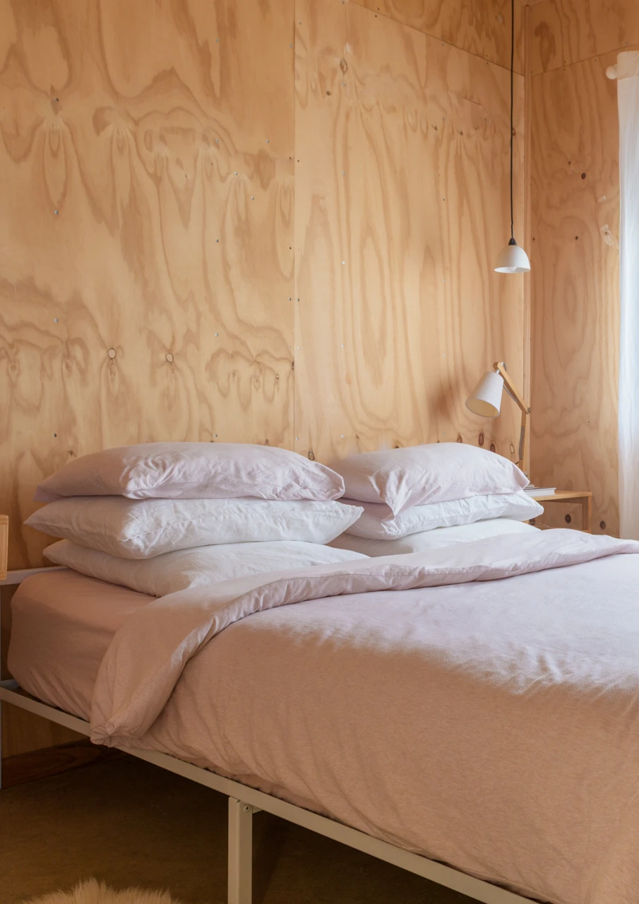 pink bedroom and wooden walls interiors