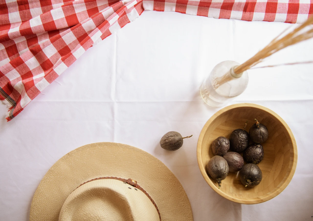 Passion fruit and table cloth vintage style Flat lay bowl, fruit and red gingham cloth, vintage style
