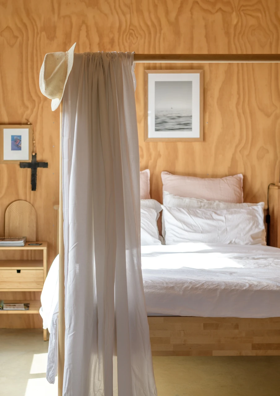 Bedroom decor white sheets and wooden walls