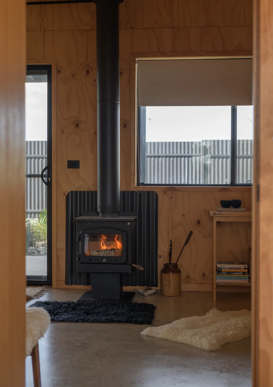 Log fire at the beach house