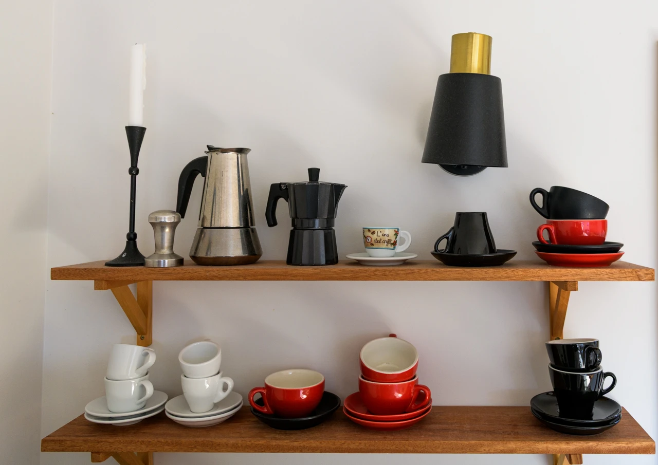 Coffee shelves and red coffee cups