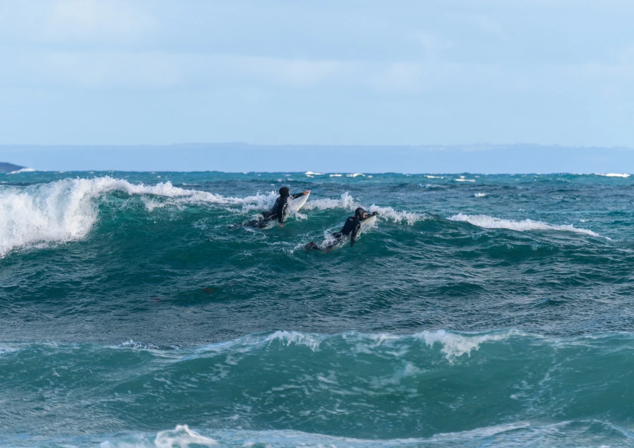 Two surfers going over a wave